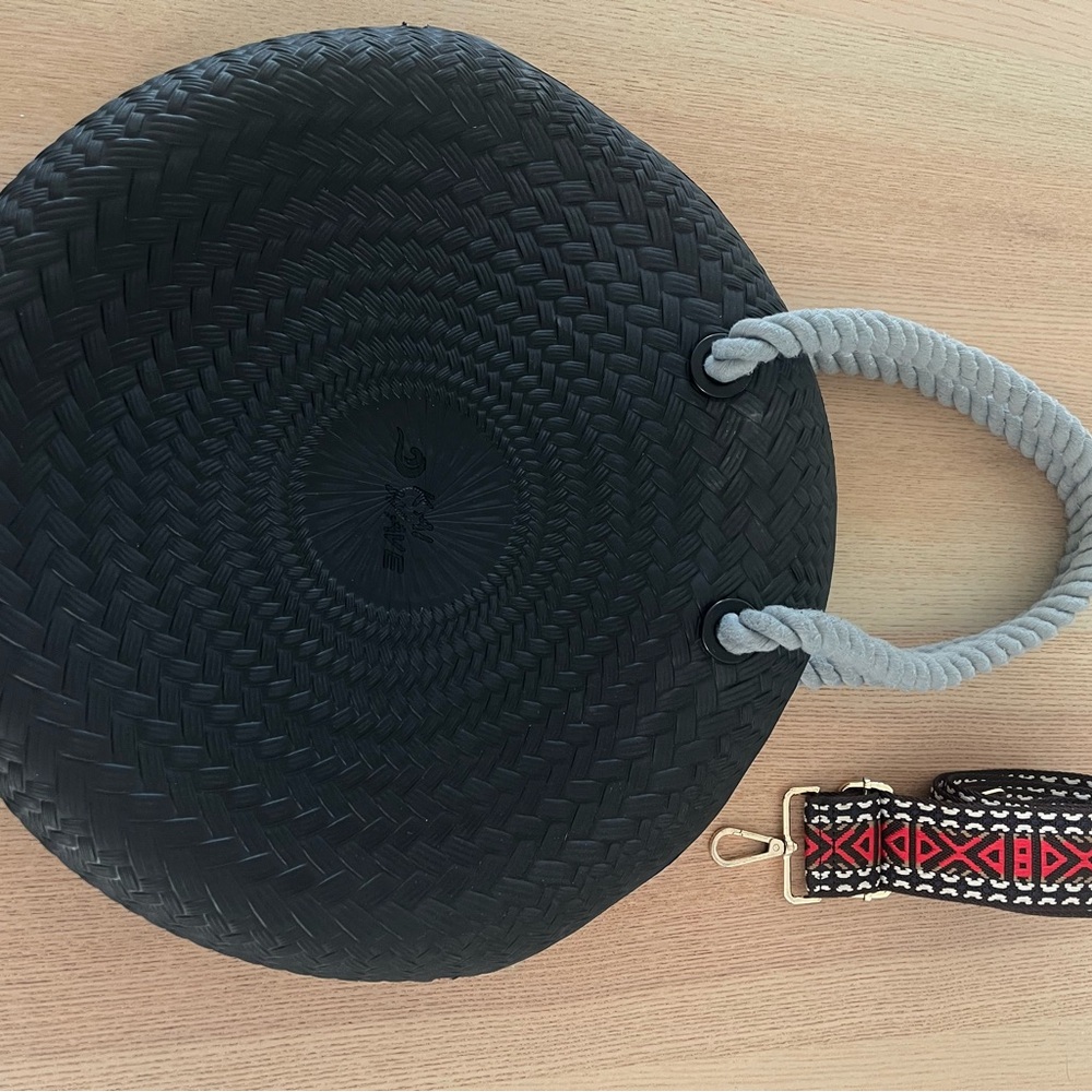 Black Round Woven Handbag with Gray Handles